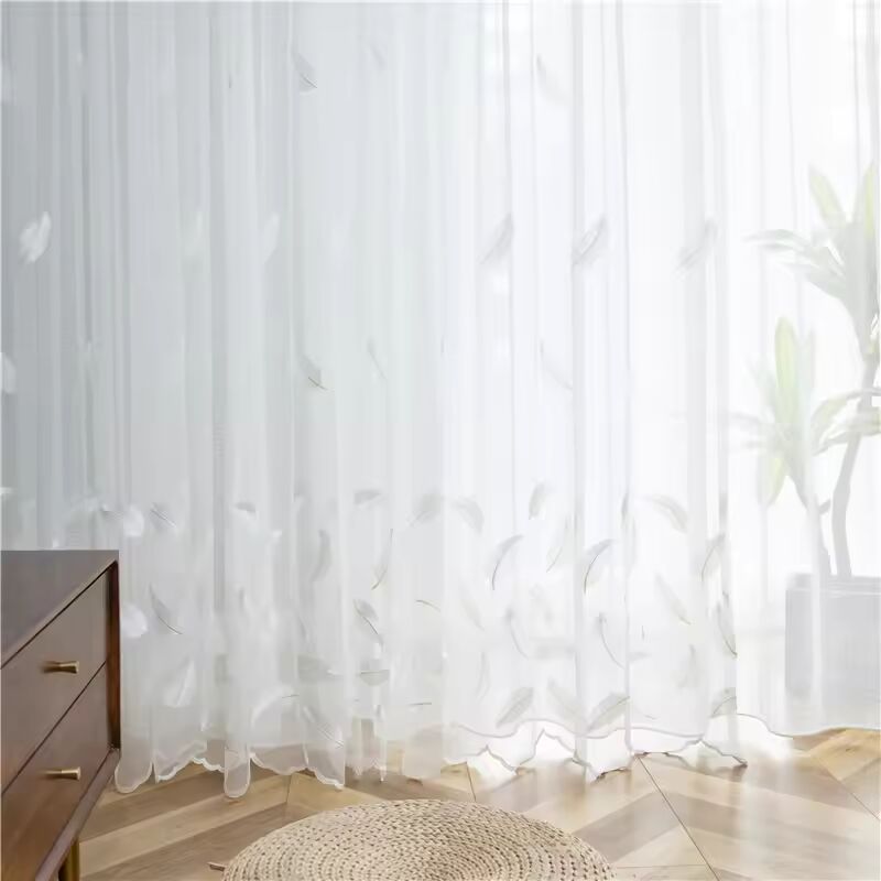 French Romantic White Feather Embroidered Sheer Curtain Elegant Transparent Window Screen For Living Room Bedroom Kitchen Decor