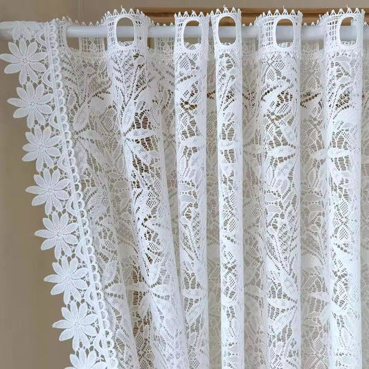 1PC White Hollow Lace Flower Short Curtains for Kitchen Small Windows Romantic Embroidery Semi Sheer Curtain Rod Pocket Drape