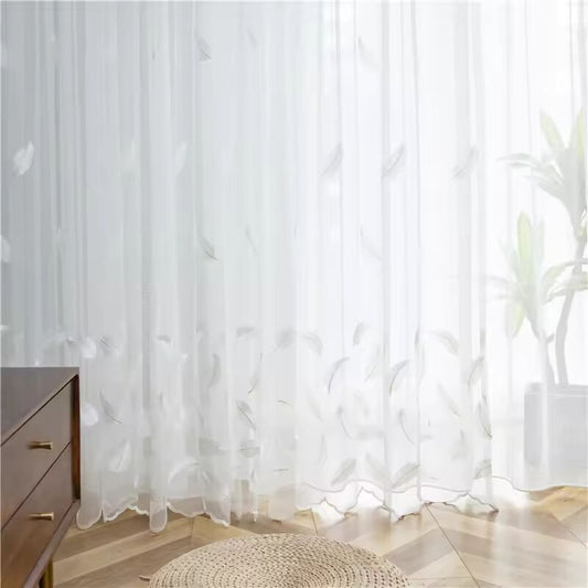 French Romantic White Feather Embroidered Sheer Curtain Elegant Transparent Window Screen For Living Room Bedroom Kitchen Decor